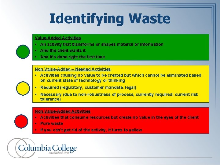 Identifying Waste Value-Added Activities § An activity that transforms or shapes material or information