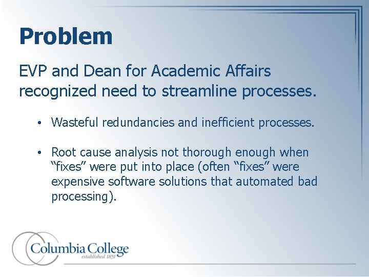 Problem EVP and Dean for Academic Affairs recognized need to streamline processes. • Wasteful