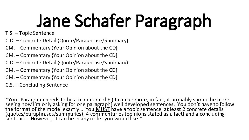 Jane Schafer Paragraph T. S. – Topic Sentence C. D. – Concrete Detail (Quote/Paraphrase/Summary)