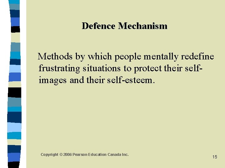 Defence Mechanism Methods by which people mentally redefine frustrating situations to protect their selfimages