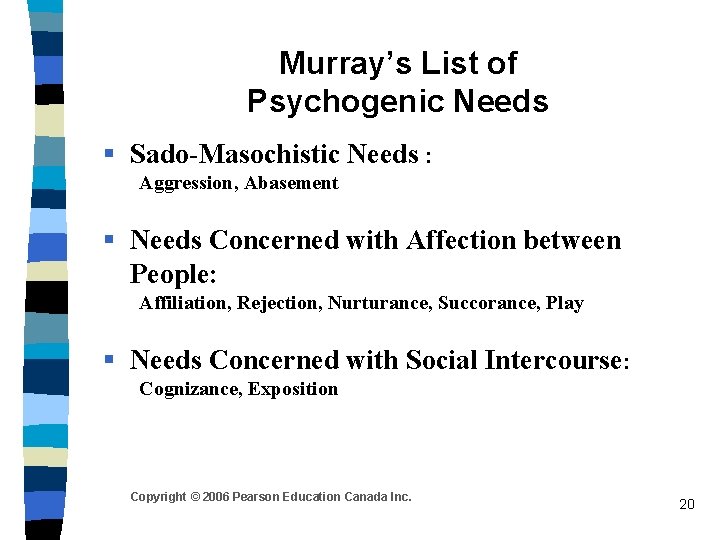 Murray’s List of Psychogenic Needs § Sado-Masochistic Needs : Aggression, Abasement § Needs Concerned