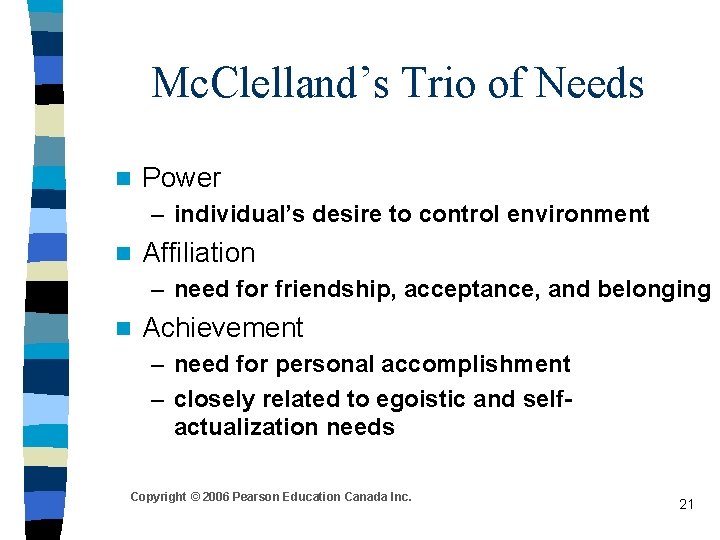 Mc. Clelland’s Trio of Needs n Power – individual’s desire to control environment n