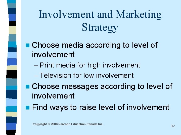 Involvement and Marketing Strategy n Choose media according to level of involvement – Print