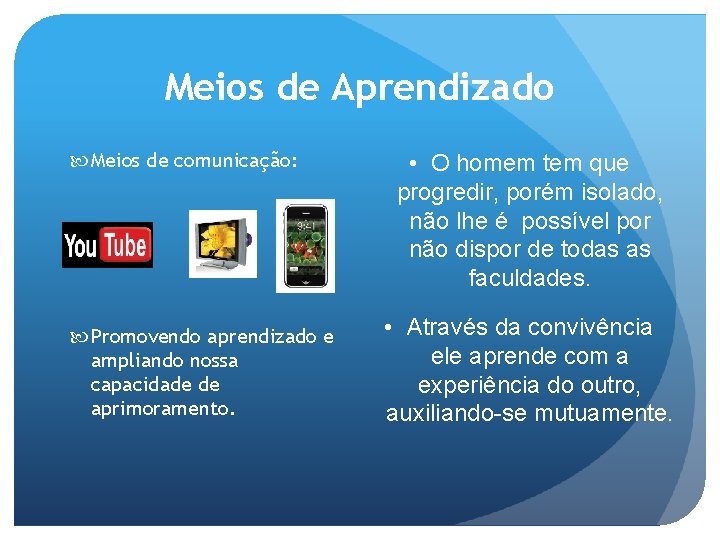 Meios de Aprendizado Meios de comunicação: Promovendo aprendizado e ampliando nossa capacidade de aprimoramento.