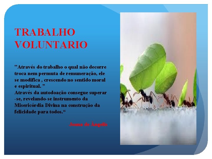 TRABALHO VOLUNTARIO "Através do trabalho o qual não decorre troca nem permuta de remuneração,