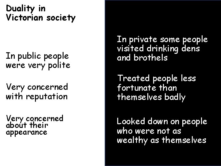 Duality in Victorian society In public people were very polite Very concerned with reputation