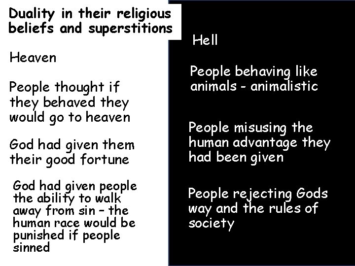 Duality in their religious beliefs and superstitions Heaven People thought if they behaved they