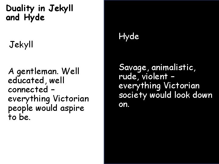 Duality in Jekyll and Hyde Jekyll A gentleman. Well educated, well connected – everything