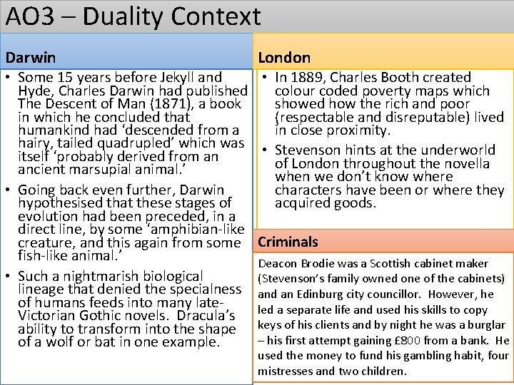 AO 3 – Duality Context Darwin London • Some 15 years before Jekyll and