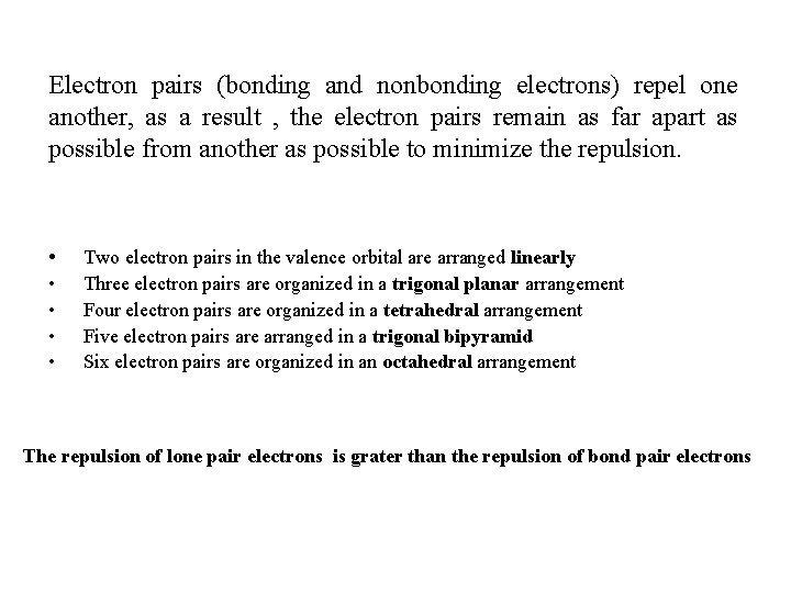 Electron pairs (bonding and nonbonding electrons) repel one another, as a result , the