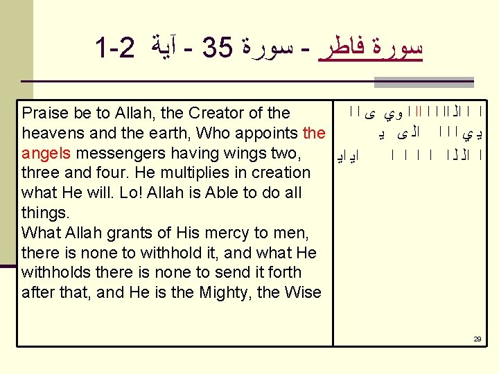 1 -2 آﻴﺔ - 35 ﺳﻮﺭﺓ - ﺳﻮﺭﺓ ﻓﺎﻃﺮ Praise be to Allah, the