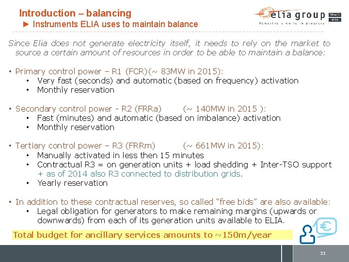 Introduction – balancing ► Instruments ELIA uses to maintain balance Since Elia does not
