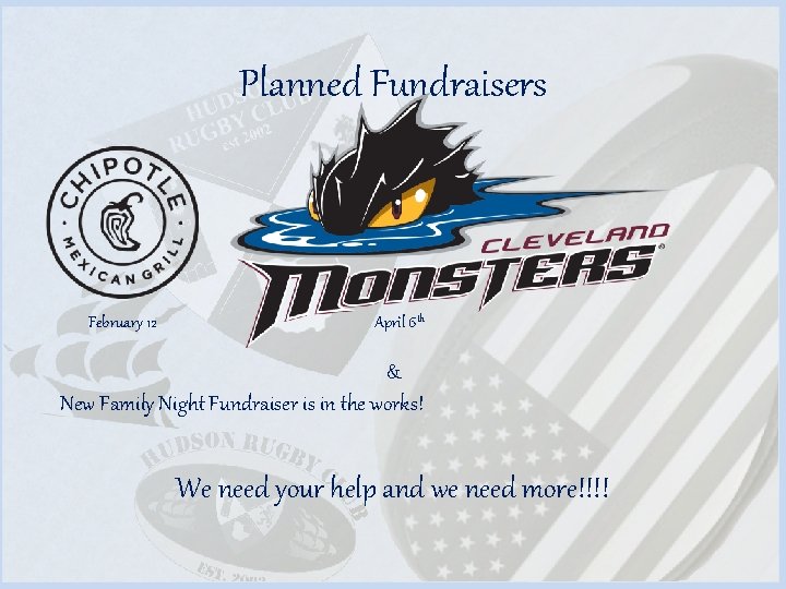 Planned Fundraisers February 12 April 6 th & New Family Night Fundraiser is in