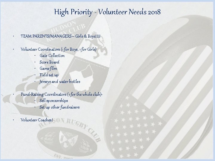 High Priority - Volunteer Needs 2018 • TEAM PARENTS/MANAGERS– Girls & Boys!!!! • Volunteer