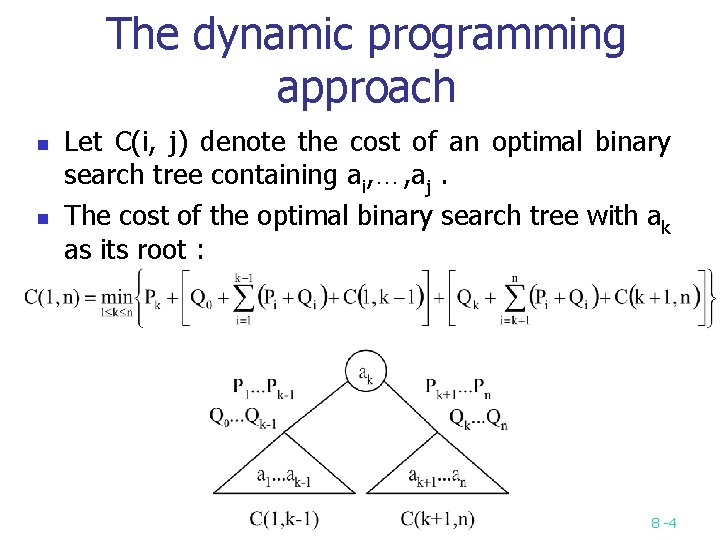 The dynamic programming approach n n Let C(i, j) denote the cost of an