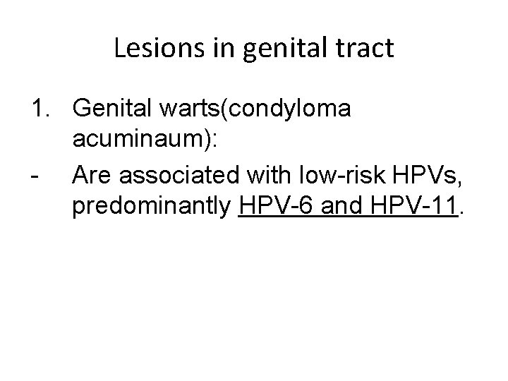 Lesions in genital tract 1. Genital warts(condyloma acuminaum): - Are associated with low-risk HPVs,