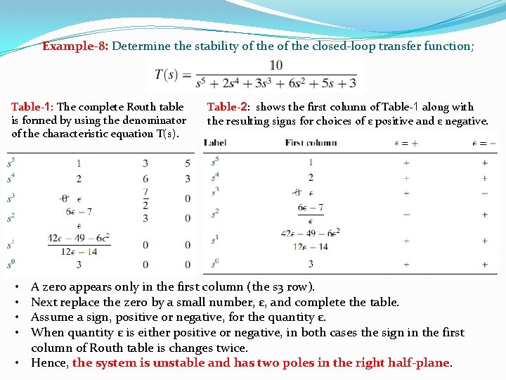 Example-8: Determine the stability of the closed-loop transfer function; Table-1: The complete Routh table