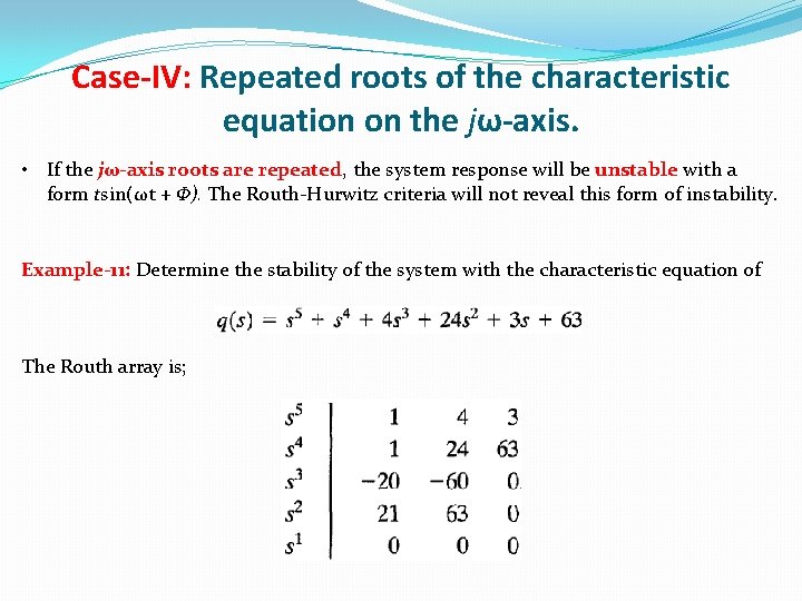 Case-IV: Repeated roots of the characteristic equation on the jω-axis. • If the jω-axis