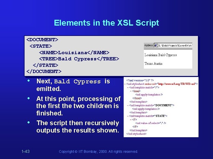 Elements in the XSL Script <DOCUMENT> <STATE> <NAME>Louisiana</NAME> <TREE>Bald Cypress</TREE> </STATE> </DOCUMENT> • Next, Elements in the XSL Script <DOCUMENT> <STATE> <NAME>Louisiana</NAME> <TREE>Bald Cypress</TREE> </STATE> </DOCUMENT> • Next,