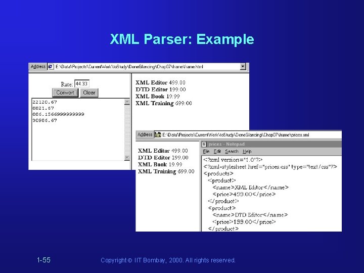 XML Parser: Example 1 -55 Copyright Ó IIT Bombay, 2000. All rights reserved. XML Parser: Example 1 -55 Copyright Ó IIT Bombay, 2000. All rights reserved.