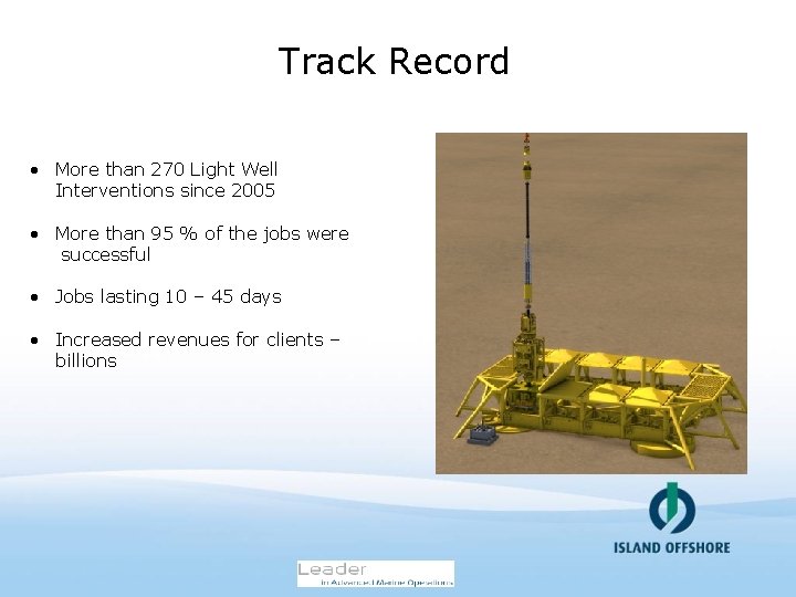 Track Record • More than 270 Light Well Interventions since 2005 • More than