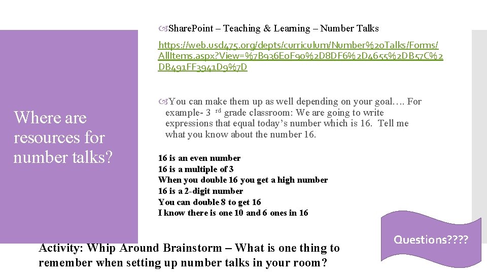  Share. Point – Teaching & Learning – Number Talks https: //web. usd 475.