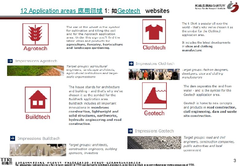 12 Application areas 應用領域 1: 如Geotech websites 紡織所 本資料為紡織所專有之財產，非經書面許可，不准透露或使用本資料，亦不准複印、複製或轉變成任何其他形式使用 The information contained herein is