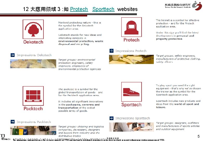 12 大應用領域 3 : 如 Protech Sporttech websites 紡織所 本資料為紡織所專有之財產，非經書面許可，不准透露或使用本資料，亦不准複印、複製或轉變成任何其他形式使用 The information contained herein