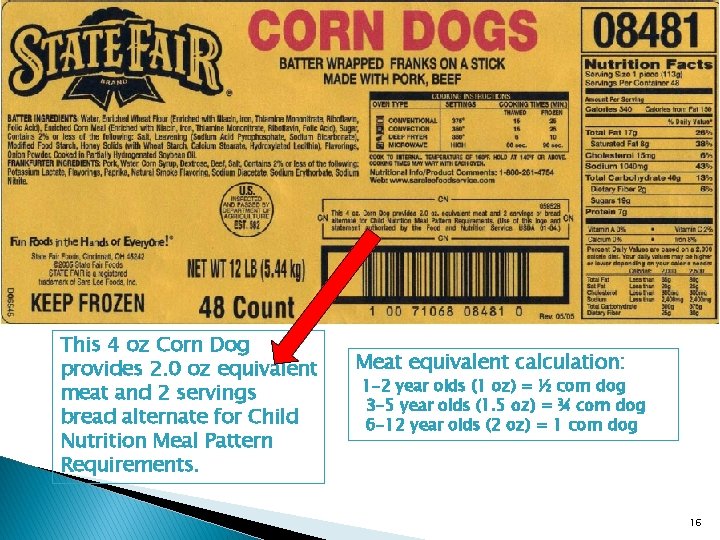 This 4 oz Corn Dog provides 2. 0 oz equivalent meat and 2 servings