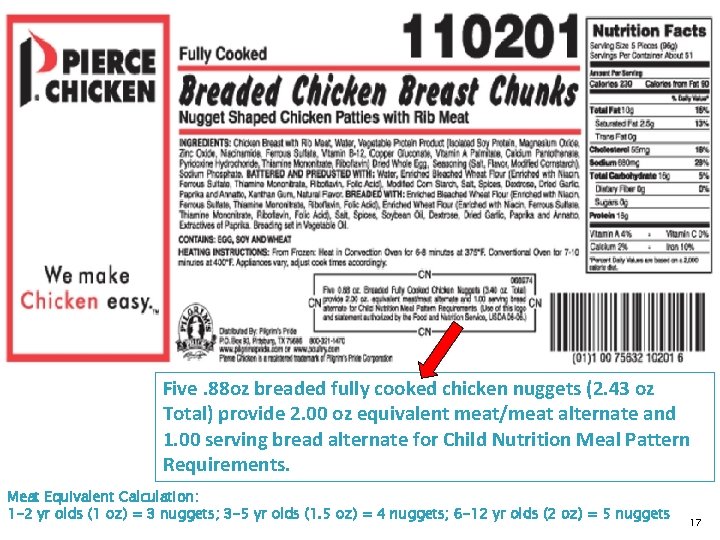 Five. 88 oz breaded fully cooked chicken nuggets (2. 43 oz Total) provide 2.