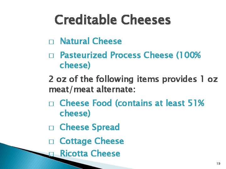 Creditable Cheeses � � Natural Cheese Pasteurized Process Cheese (100% cheese) 2 oz of