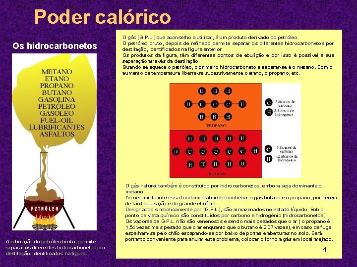 Poder calórico Os hidrocarbonetos A refinação do petróleo bruto, permite separar os diferentes hidrocarbonetos