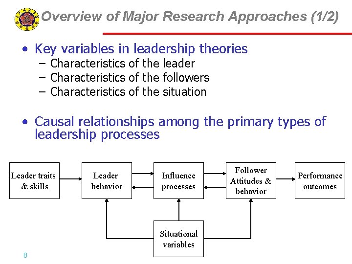 Overview of Major Research Approaches (1/2) • Key variables in leadership theories – Characteristics