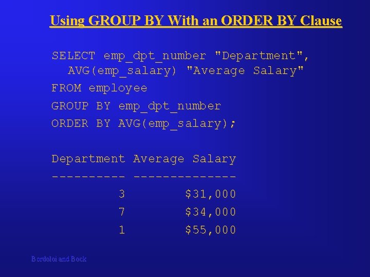 Using GROUP BY With an ORDER BY Clause SELECT emp_dpt_number "Department", AVG(emp_salary) "Average Salary"