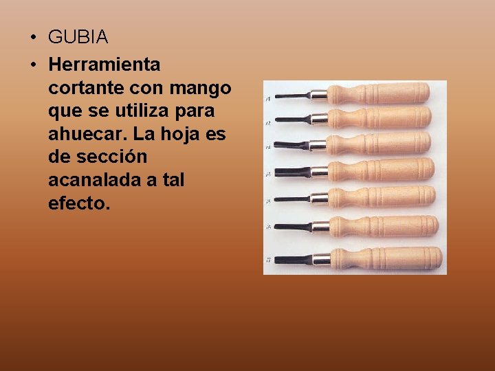  • GUBIA • Herramienta cortante con mango que se utiliza para ahuecar. La