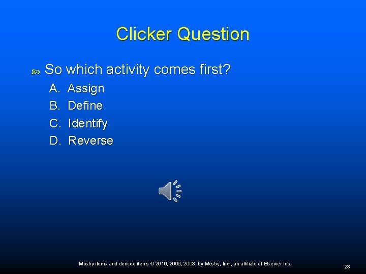 Clicker Question So which activity comes first? A. B. C. D. Assign Define Identify