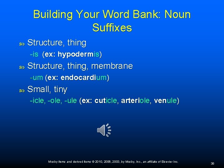 Building Your Word Bank: Noun Suffixes Structure, thing -is (ex: hypodermis) Structure, thing, membrane