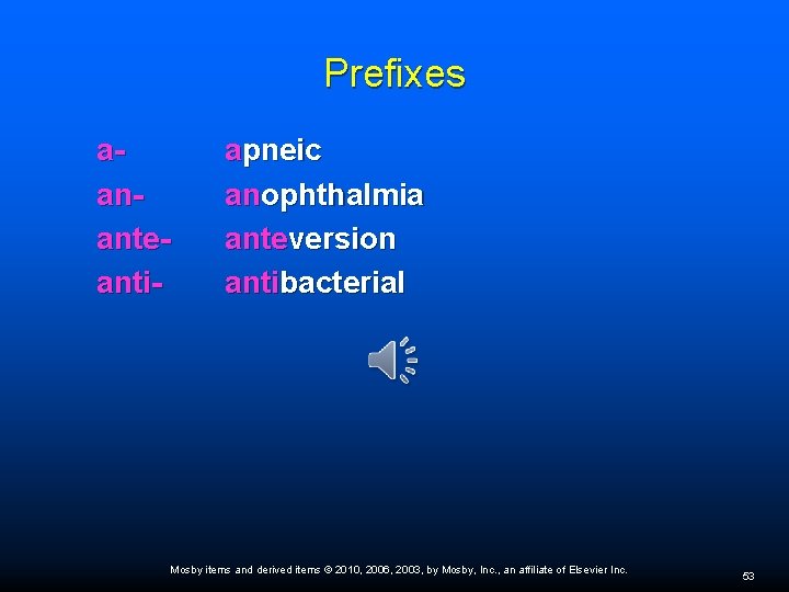 Prefixes aananteanti- apneic anophthalmia anteversion antibacterial Mosby items and derived items © 2010, 2006,