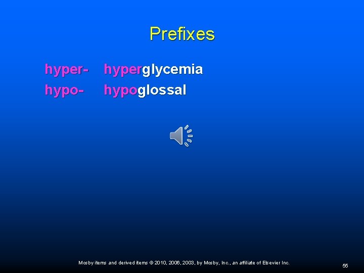 Prefixes hyperhypo- hyperglycemia hypoglossal Mosby items and derived items © 2010, 2006, 2003, by