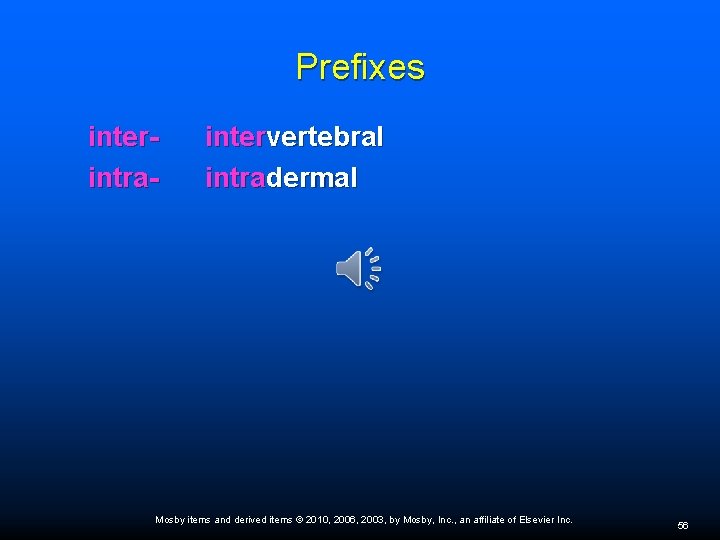 Prefixes interintra- intervertebral intradermal Mosby items and derived items © 2010, 2006, 2003, by