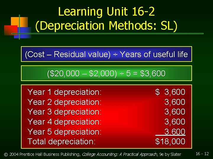 Learning Unit 16 -2 (Depreciation Methods: SL) (Cost – Residual value) ÷ Years of Learning Unit 16 -2 (Depreciation Methods: SL) (Cost – Residual value) ÷ Years of