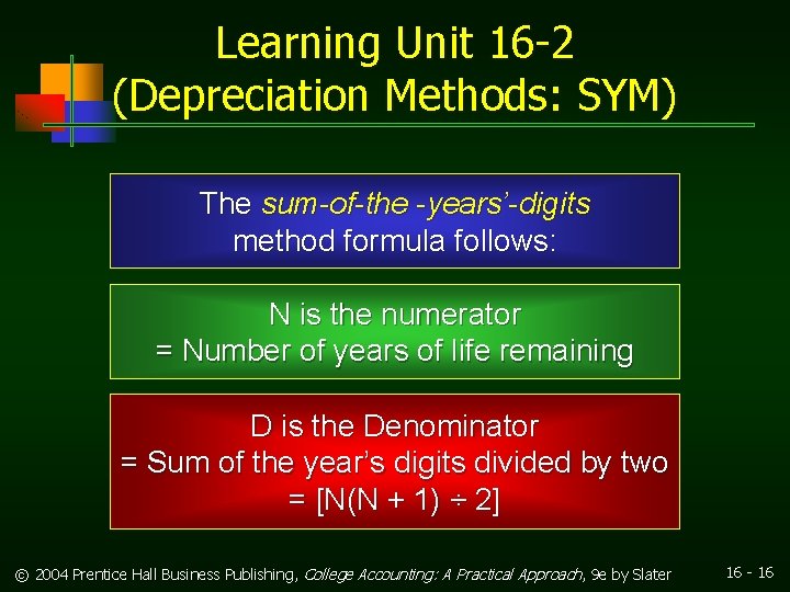Learning Unit 16 -2 (Depreciation Methods: SYM) The sum-of-the -years’-digits method formula follows: N