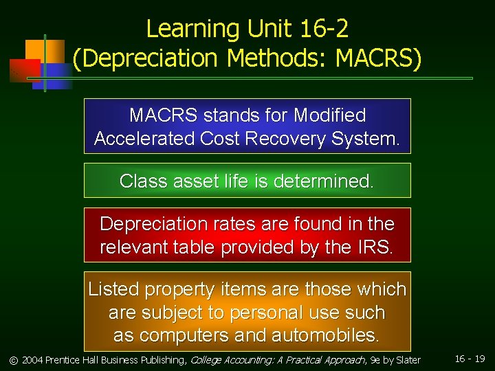 Learning Unit 16 -2 (Depreciation Methods: MACRS) MACRS stands for Modified Accelerated Cost Recovery