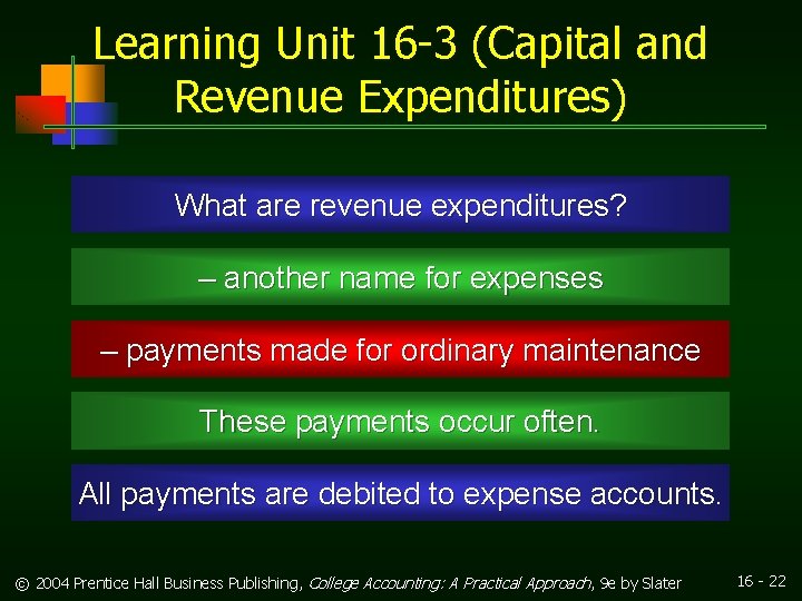 Learning Unit 16 -3 (Capital and Revenue Expenditures) What are revenue expenditures? – another