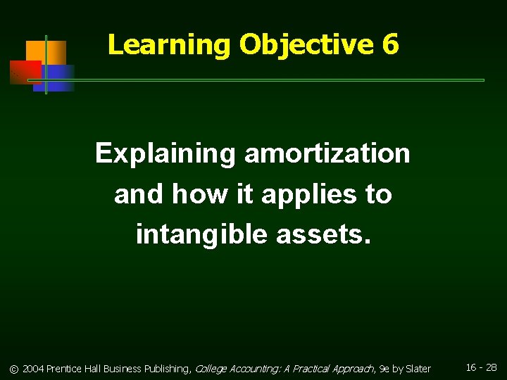 Learning Objective 6 Explaining amortization and how it applies to intangible assets. © 2004