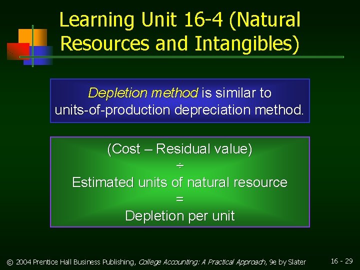Learning Unit 16 -4 (Natural Resources and Intangibles) Depletion method is similar to units-of-production Learning Unit 16 -4 (Natural Resources and Intangibles) Depletion method is similar to units-of-production