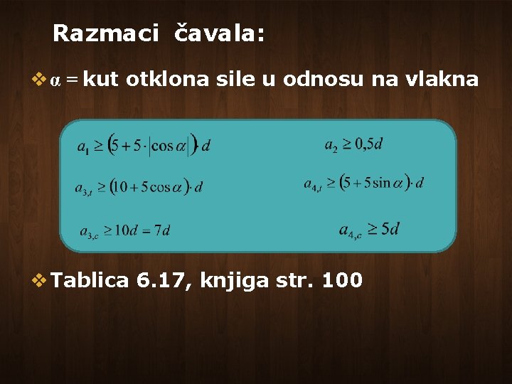 Razmaci čavala: v α = kut otklona sile u odnosu na vlakna v Tablica