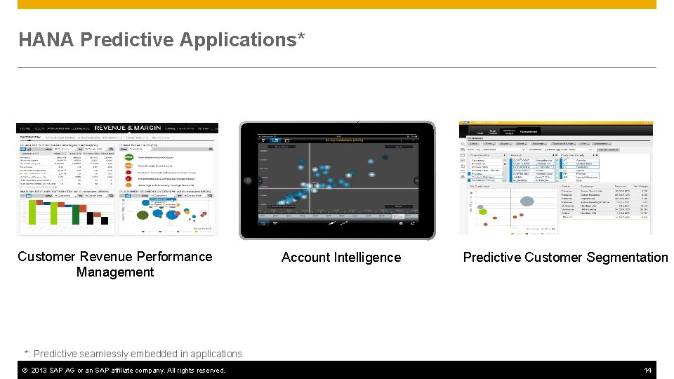 HANA Predictive Applications* Customer Revenue Performance Management Account Intelligence Predictive Customer Segmentation *: Predictive