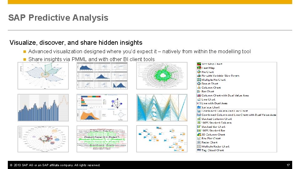 SAP Predictive Analysis Visualize, discover, and share hidden insights Advanced visualization designed where you’d