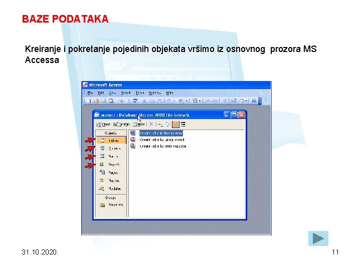 BAZE PODATAKA Kreiranje i pokretanje pojedinih objekata vršimo iz osnovnog prozora MS Accessa 31.